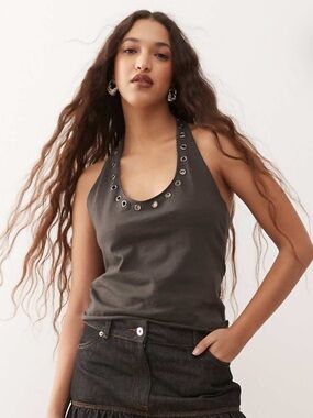 ASOS Weekday Grommet Halter Tank Top in Off Black
